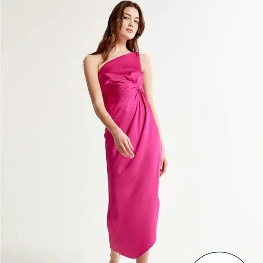 Abercrombie & Fitch Satin Midi Dress Size S One-Shoulder Knotted Pink Event Prom